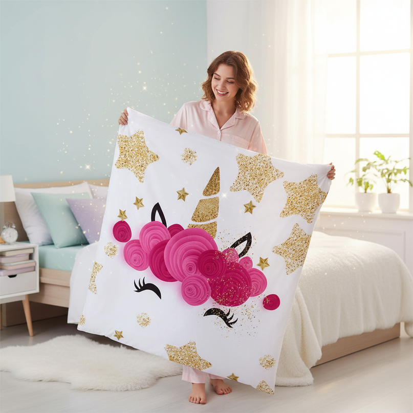 gold star rose unicorn bedding - in-use