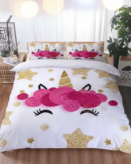 gold star rose unicorn bedding - lifestyle
