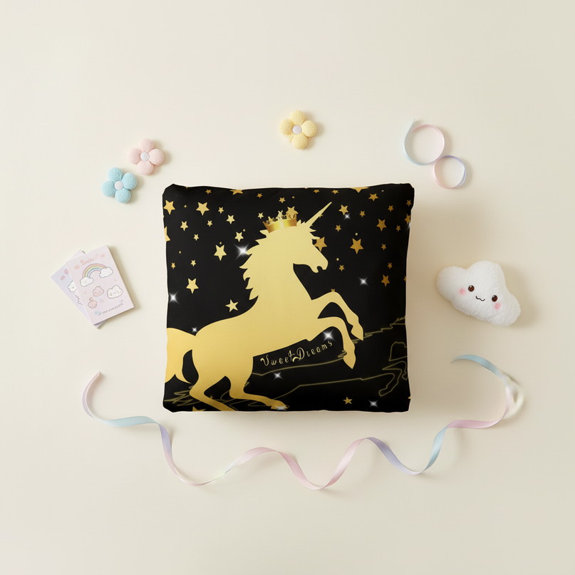 gold sweet dreams unicorn bedding - flat-lay