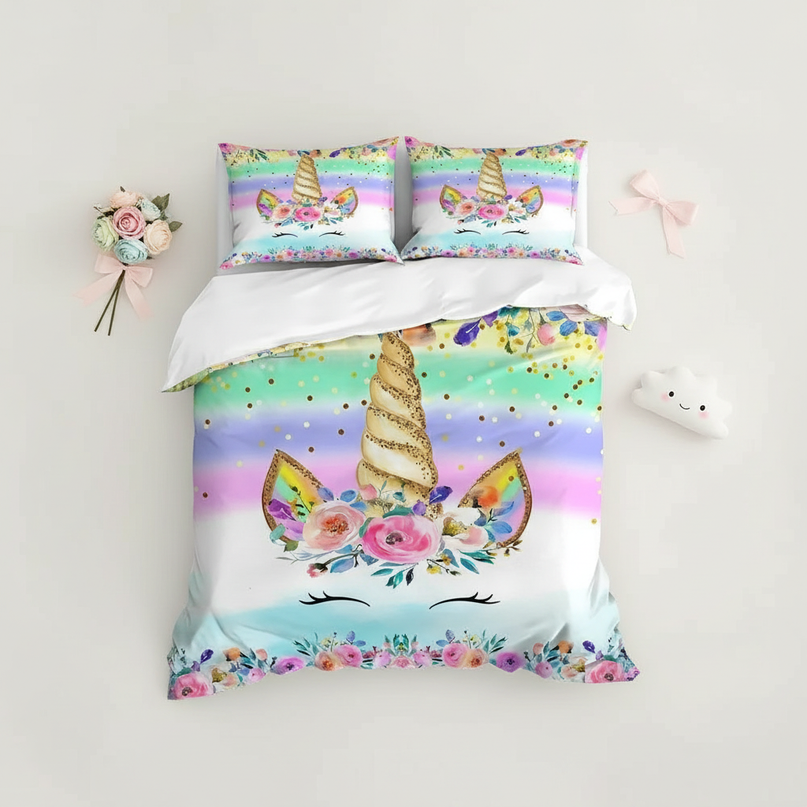 gold unicorn bedding - flat-lay