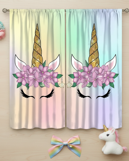 gold unicorn curtains - flat-lay