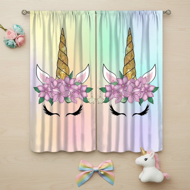 gold unicorn curtains - flat-lay