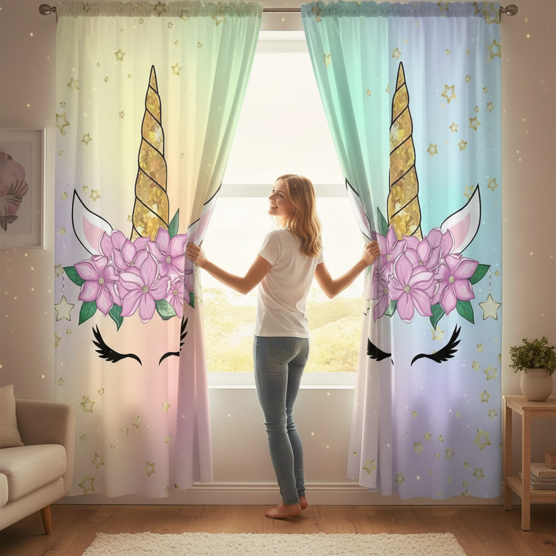 gold unicorn curtains - in-use