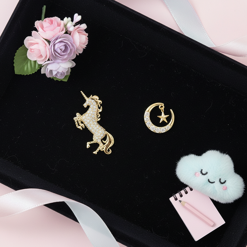 gold unicorn earrings for sale - flat-lay