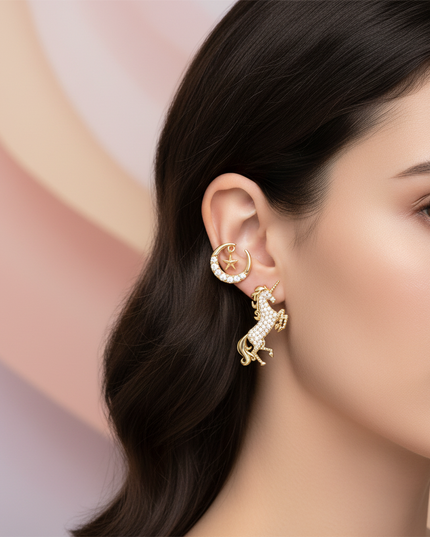 gold unicorn earrings for sale - in-use