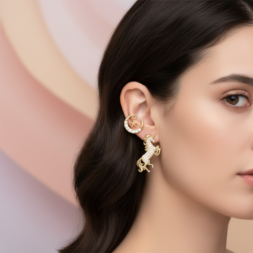 gold unicorn earrings for sale - in-use