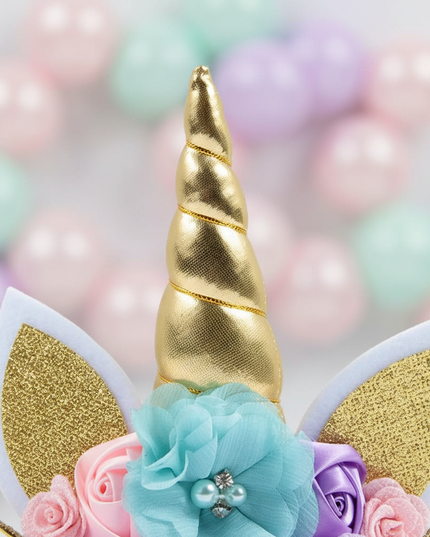 gold unicorn headband flowers - detail