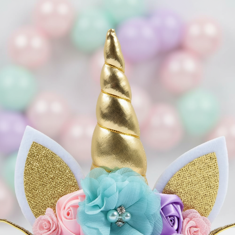 gold unicorn headband flowers - detail