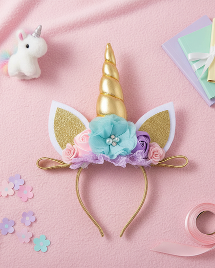 gold unicorn headband flowers - flat-lay
