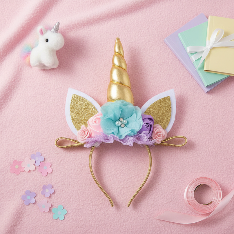 gold unicorn headband flowers - flat-lay