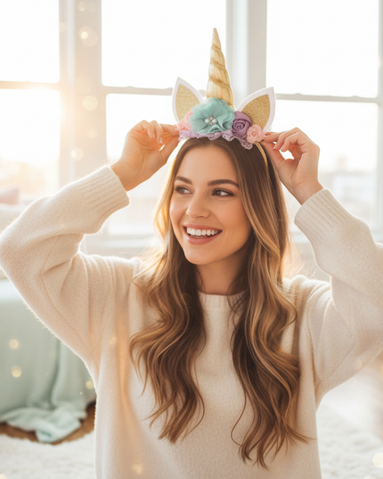 gold unicorn headband flowers - in-use