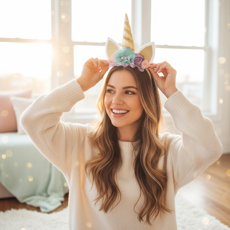 gold unicorn headband flowers - in-use