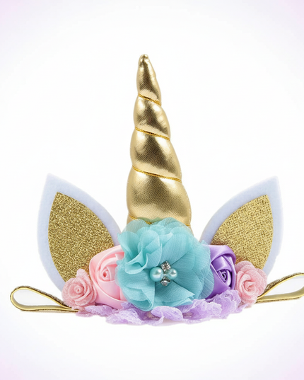 gold unicorn headband flowers - white-bg