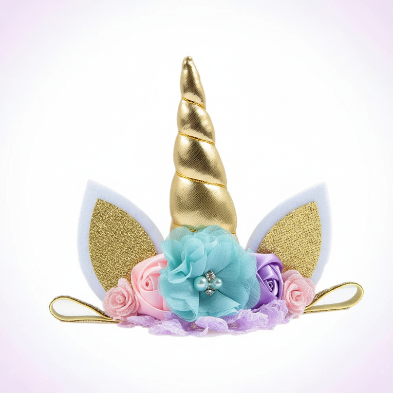 gold unicorn headband flowers - white-bg