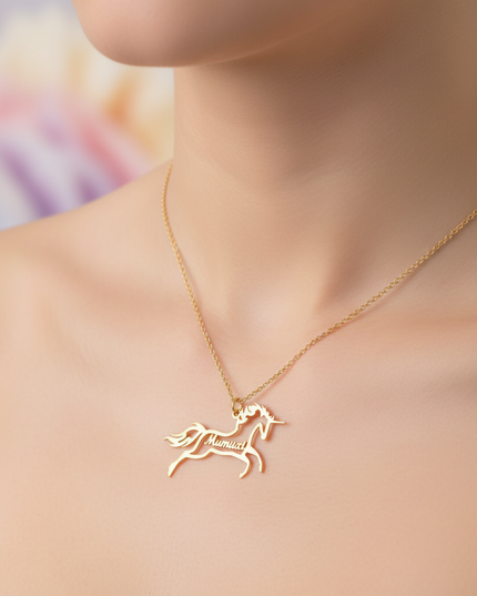 gold unicorn name necklace - in-use