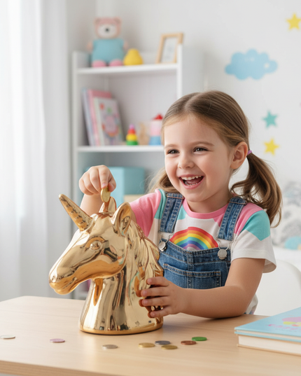 gold unicorn piggy bank - in-use