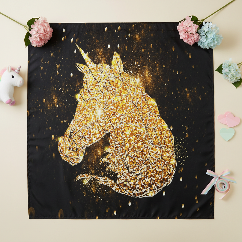 gold unicorn shower curtain - flat-lay