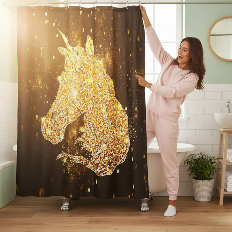 gold unicorn shower curtain - in-use