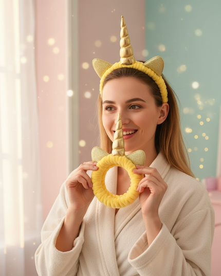 gold unicorn spa headband - in-use