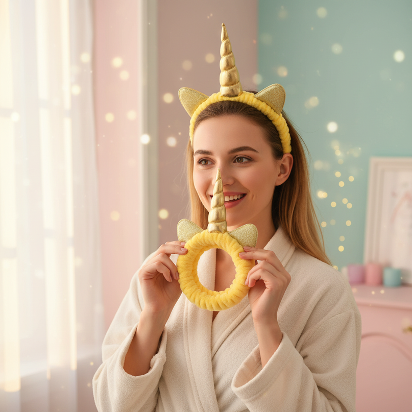 gold unicorn spa headband - in-use