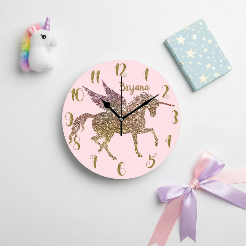 gold unicorn wall clock - flat-lay