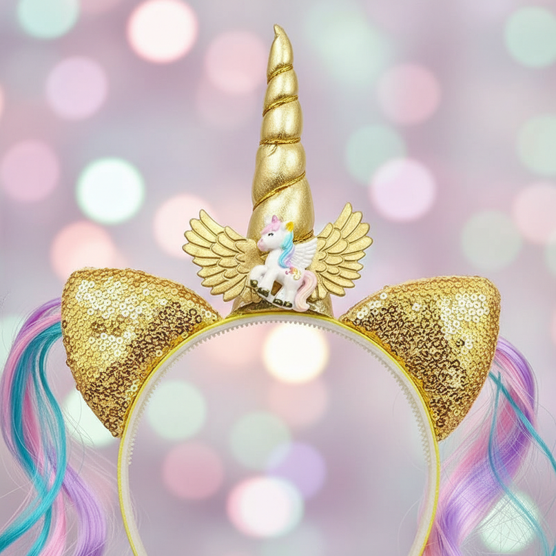 gold unicorn wig headband - detail