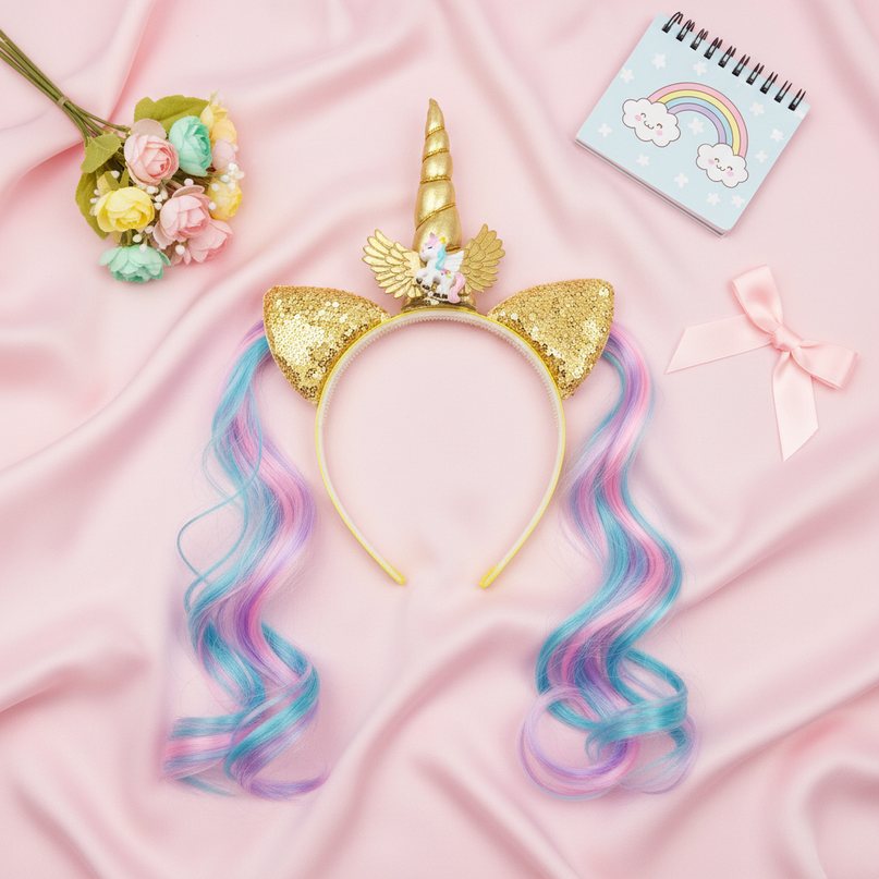 gold unicorn wig headband - flat-lay