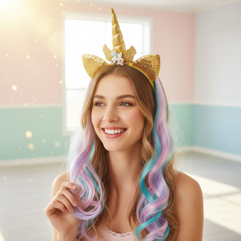 gold unicorn wig headband - in-use