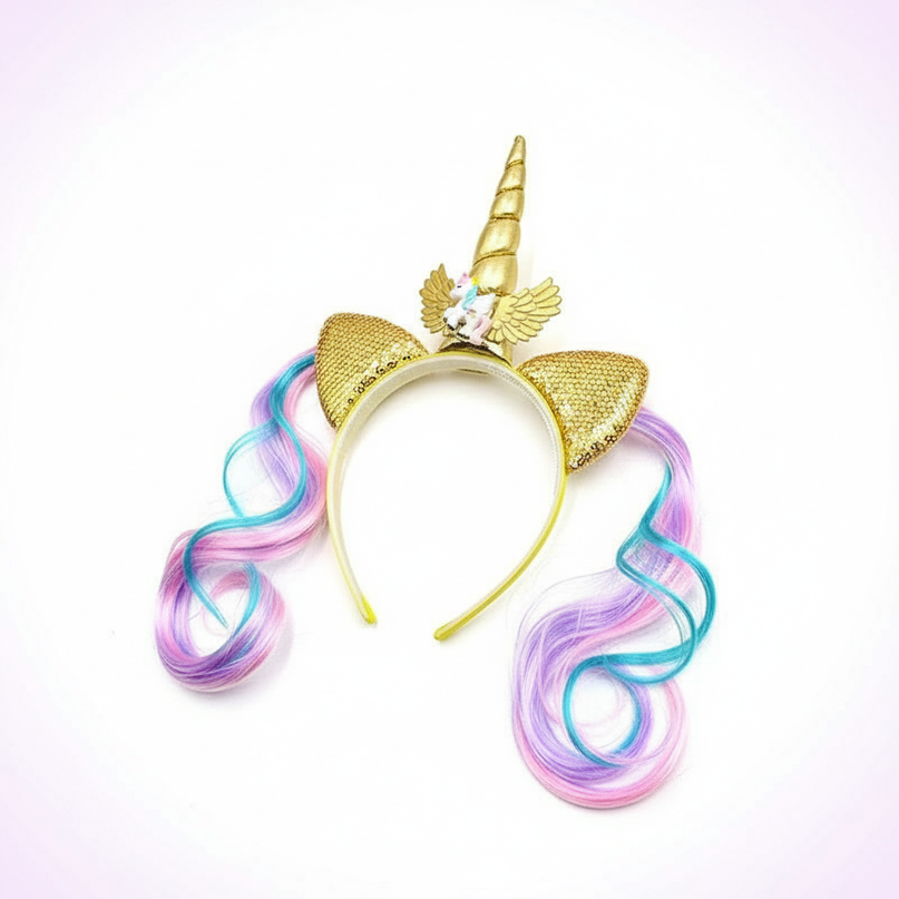 gold unicorn wig headband - white-bg