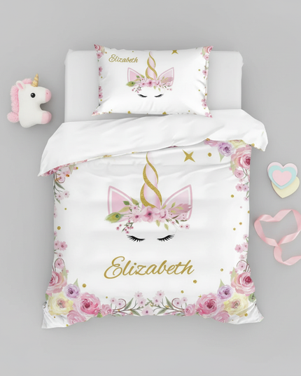 gold wreath elegant unicorn bedding - flat-lay