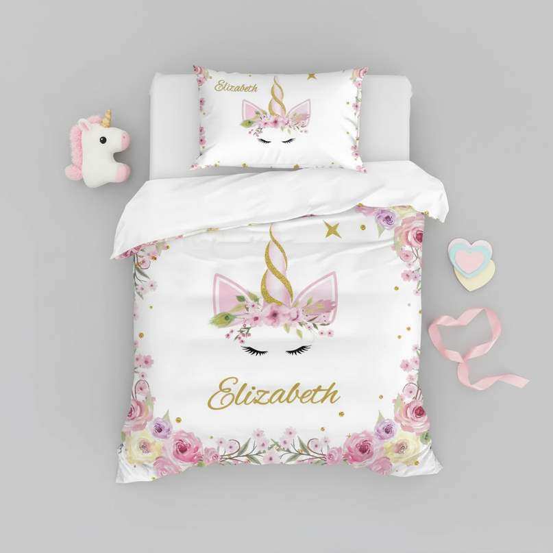 gold wreath elegant unicorn bedding - flat-lay