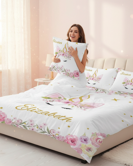 gold wreath elegant unicorn bedding - in-use