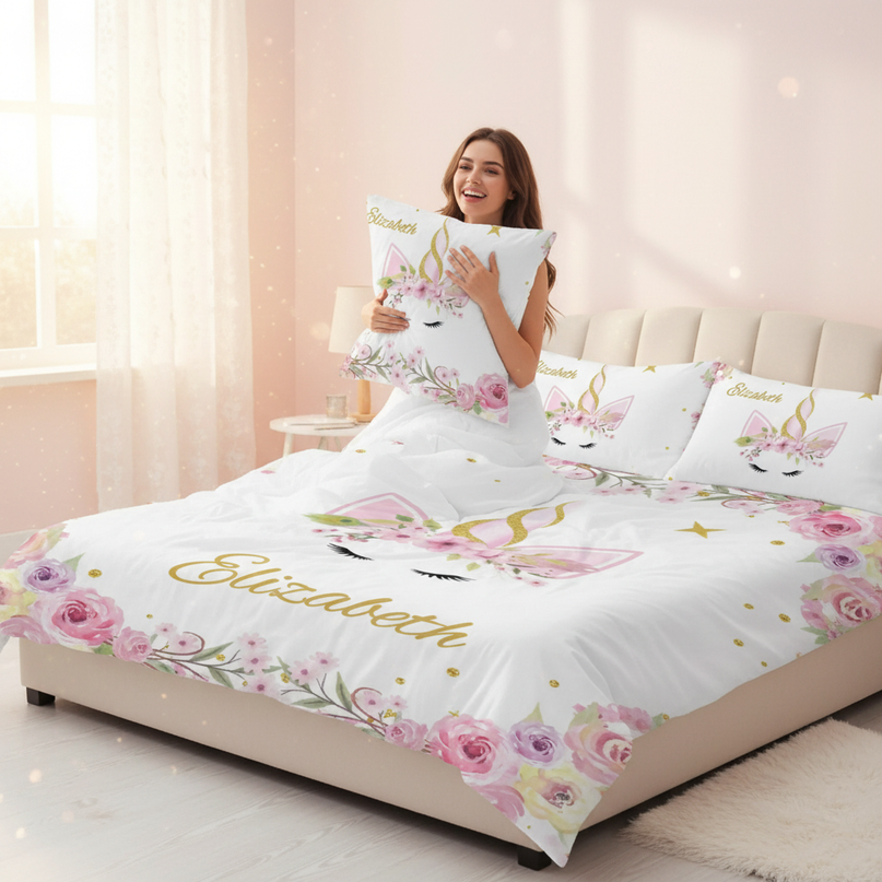 gold wreath elegant unicorn bedding - in-use