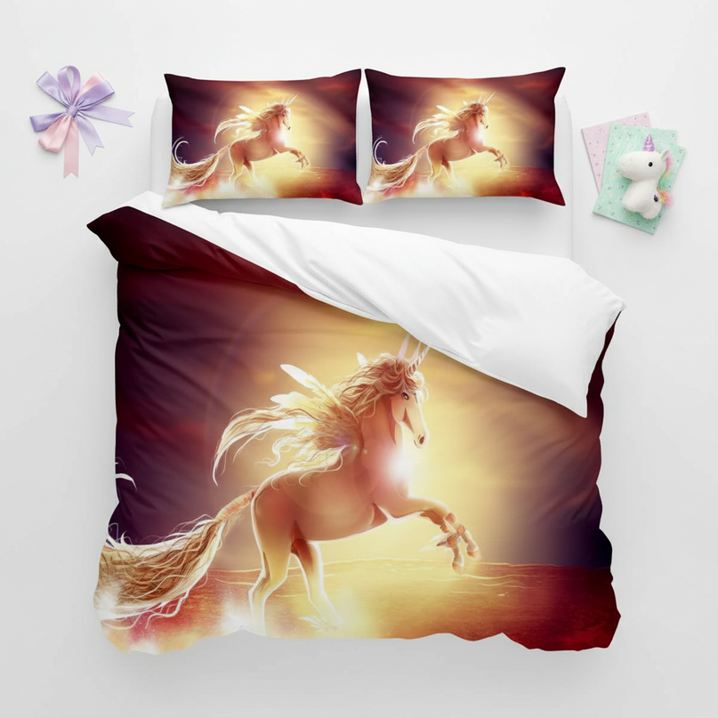 golden sunset unicorn bedding - flat-lay