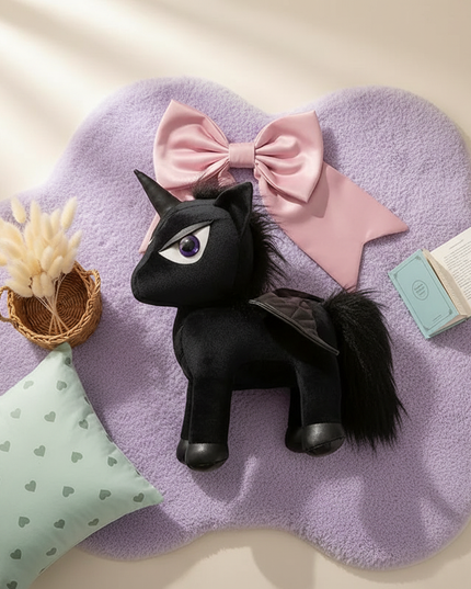 gothic black unicorn plush - flat-lay