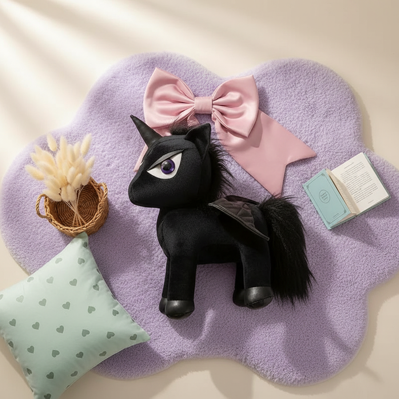 gothic black unicorn plush - flat-lay