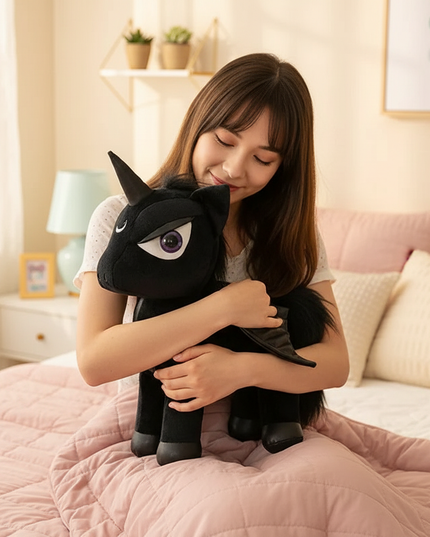 gothic black unicorn plush - in-use