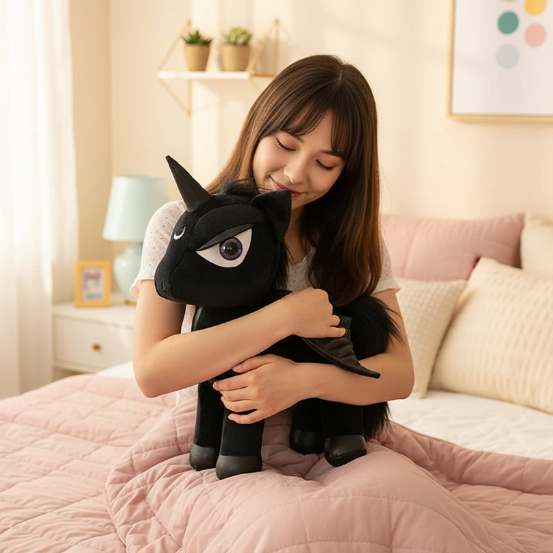 gothic black unicorn plush - in-use