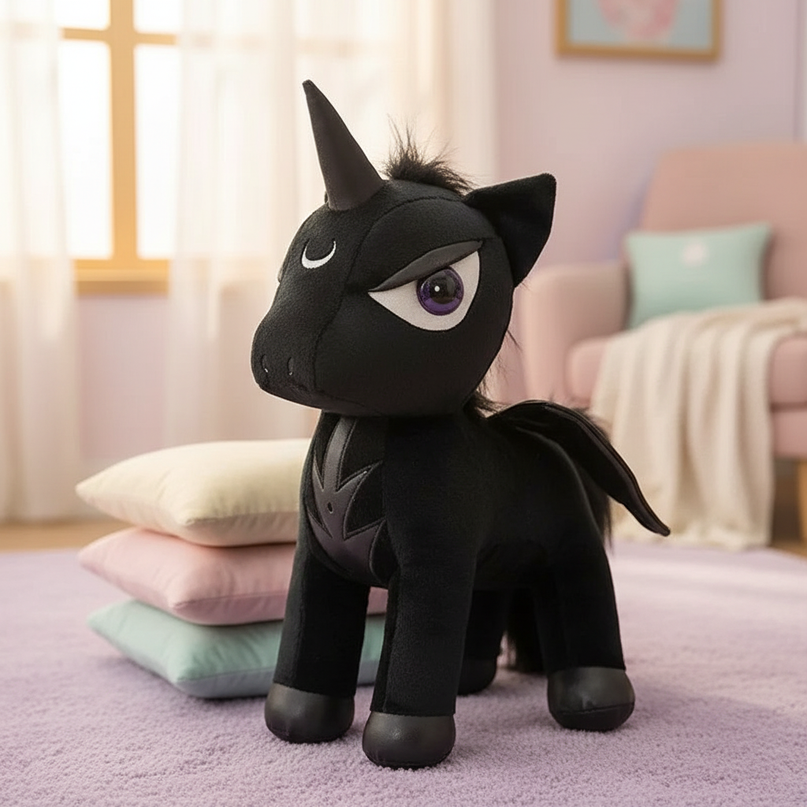 gothic black unicorn plush - lifestyle