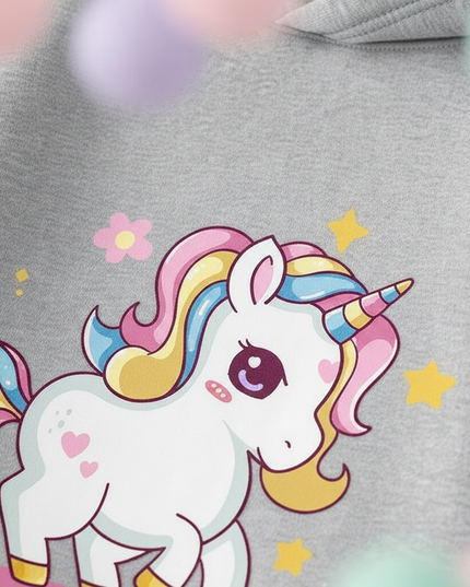 gray cartoon unicorn hoodie - detail