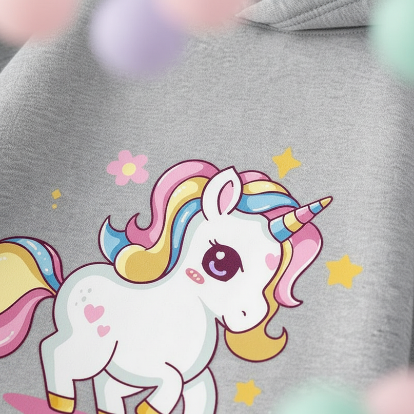 gray cartoon unicorn hoodie - detail