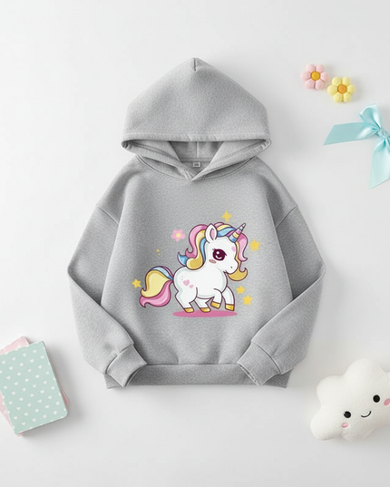 gray cartoon unicorn hoodie - flat-lay