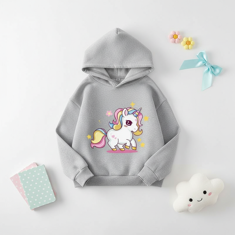 gray cartoon unicorn hoodie - flat-lay