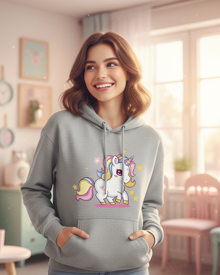gray cartoon unicorn hoodie - in-use