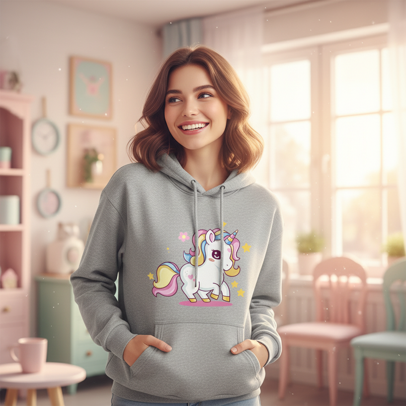 gray cartoon unicorn hoodie - in-use