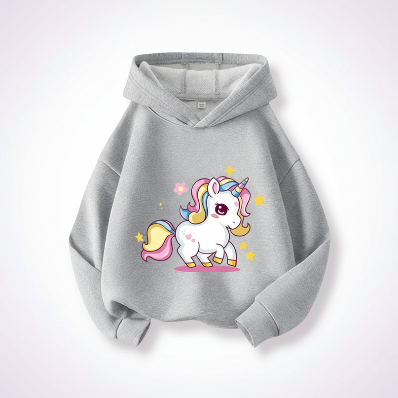 gray cartoon unicorn hoodie - white-bg