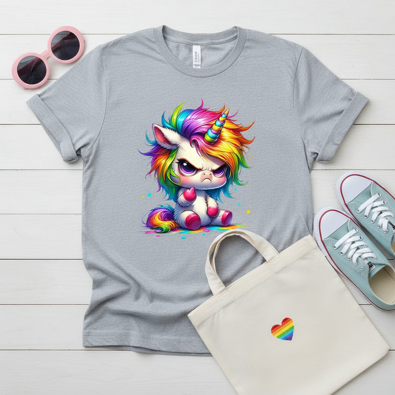 gray cartoon unicorn shirt - flat-lay