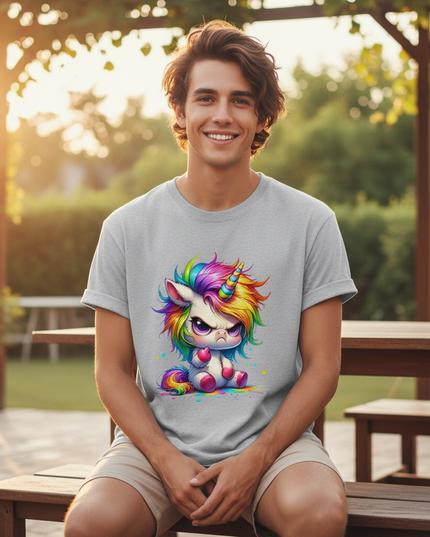 gray cartoon unicorn shirt - in-use