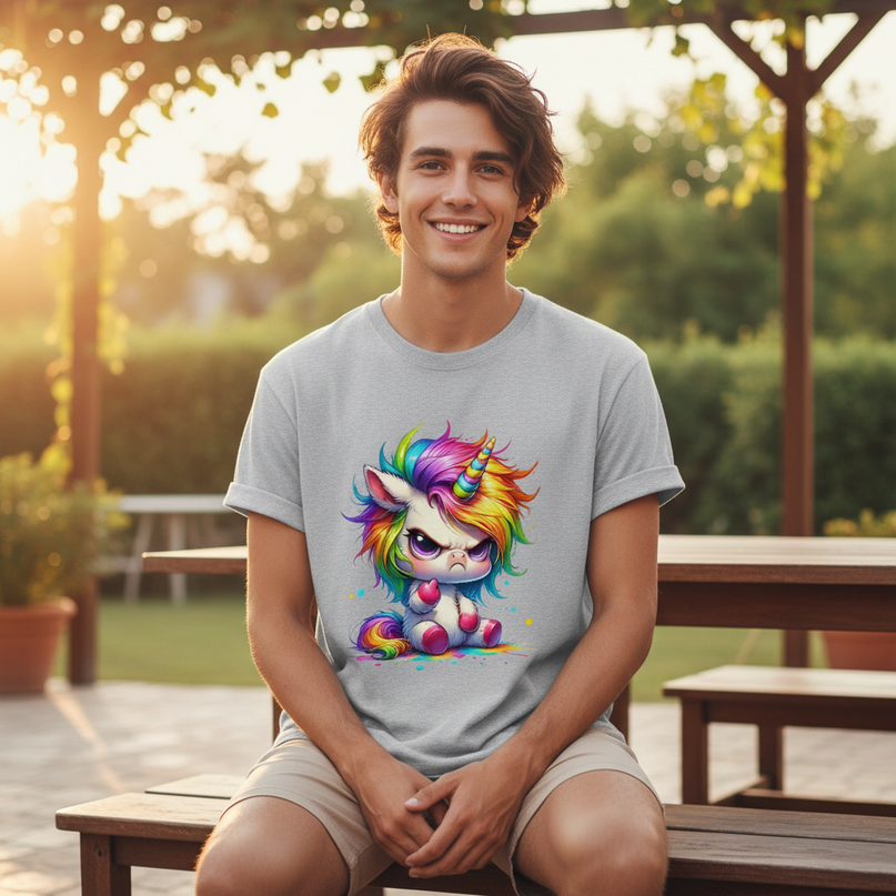 gray cartoon unicorn shirt - in-use