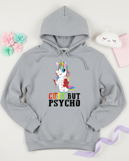 gray cute but psycho hoodie - flat-lay